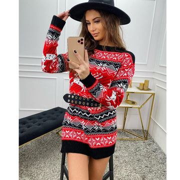 Elk Christmas Jacquard Long Sleeve Woolen Dress