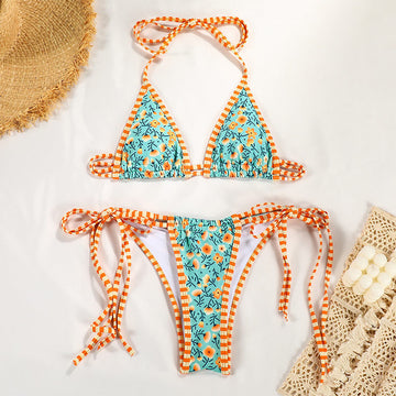 Split Swimsuit Printing Color Contrast Strap Sexy Bikini