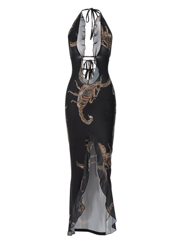 Women's Fashion Printed Halter Strap Long Dress