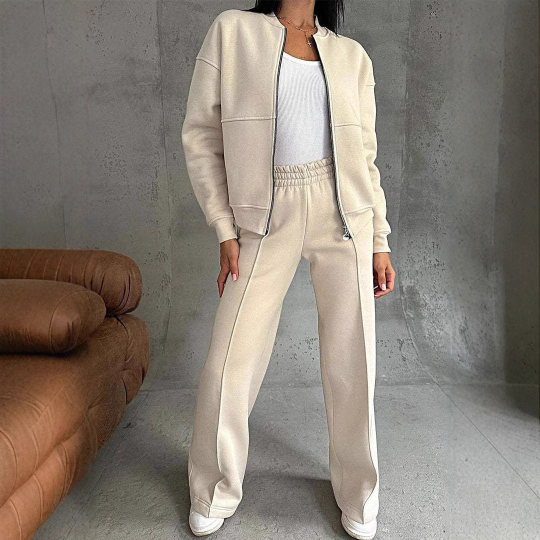 Women's Zipper Jacket Wide Leg Pants Two-piece Set