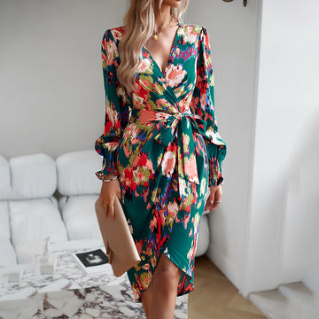 Printed Dress 2023 Autumn Winter Elegant V-neck Dress